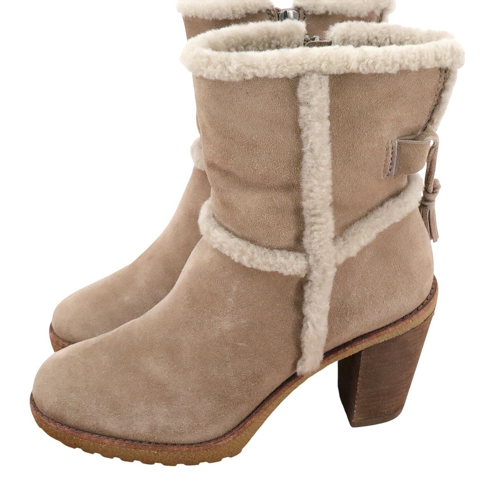 FRYE Jen Shearling Suede Ankle Boots Taupe Tassel Block Heel Women's 7 - Picture 3 of 11